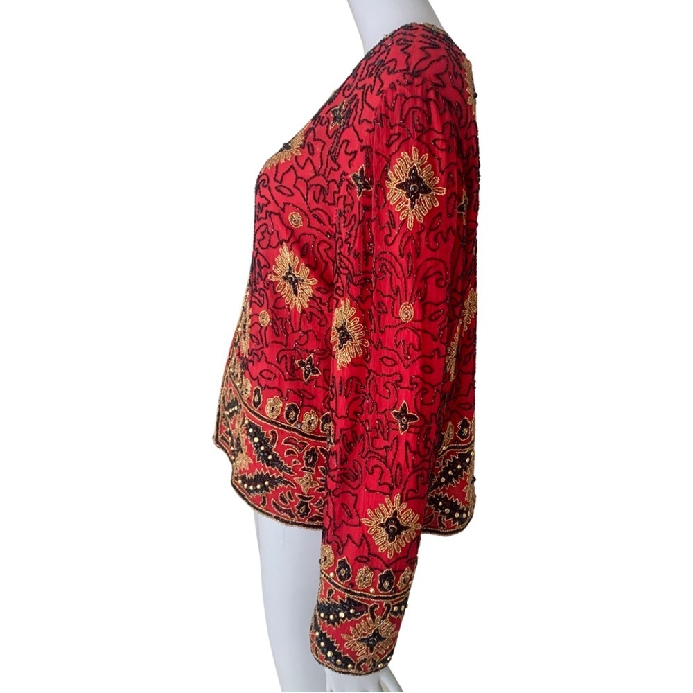 Adrianna Papell Boutique Evening Jacket Vintage 90’s Silk Beaded Red Gold 12 - Picture 10 of 16
